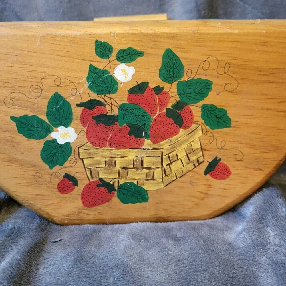 Vintage Hand Crafted  Wooden Basket Hand Painted Strawberries. Signed